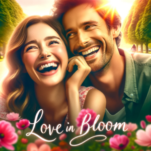 DALL·E 2024-01-26 23.23.45 - A romantic comedy movie poster, showing a couple laughing together in a picturesque park. Bright and colorful tones, with the title 'Love in Bloom' in