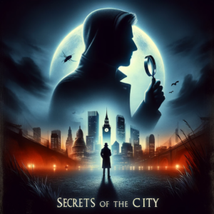 DALL·E 2024-01-26 23.24.01 - A mystery thriller movie poster, featuring a shadowy figure holding a magnifying glass, with a mysterious city skyline in the background. The title 'S