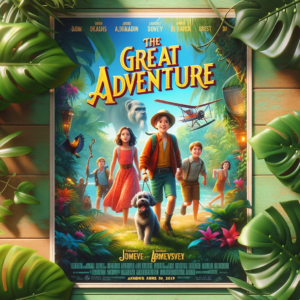 DALL·E 2024-01-26 23.24.04 - A family adventure movie poster, depicting a group of children and a dog on a treasure hunt in an exotic jungle. Bright, cheerful colors with the titl