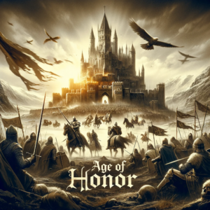 DALL·E 2024-01-26 23.24.13 - A historical drama movie poster, illustrating a powerful scene of a medieval battlefield with knights and castles. The title 'Age of Honor' in a stron